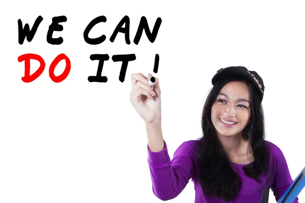 Teenage girl making motivation text — Stock Photo, Image