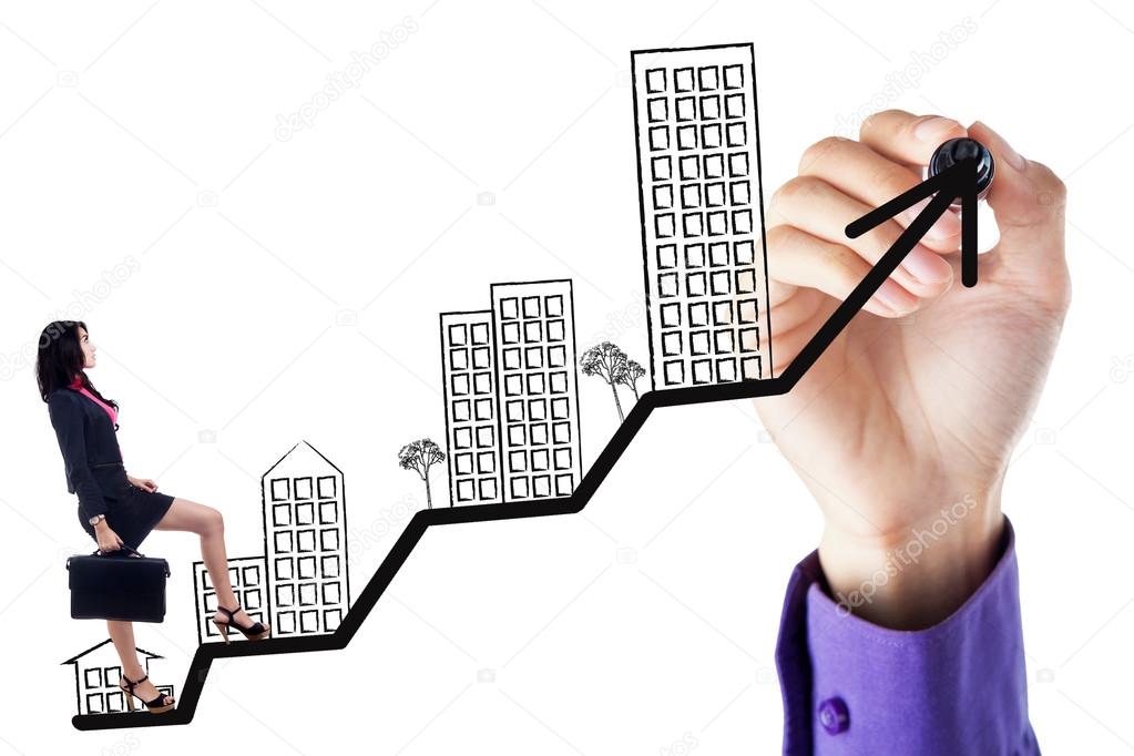 Businesswoman walking on the business property graph
