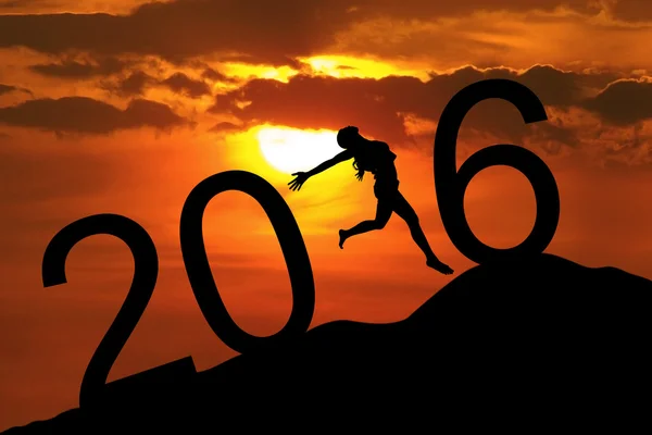 Woman celebrating new year of 2016 on the hill — Stock Photo, Image