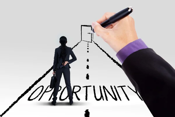 Businesswoman guided to opportunity door — Stock Photo, Image