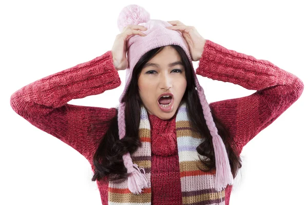 Stressed girl wearing winter fashion — Stok fotoğraf
