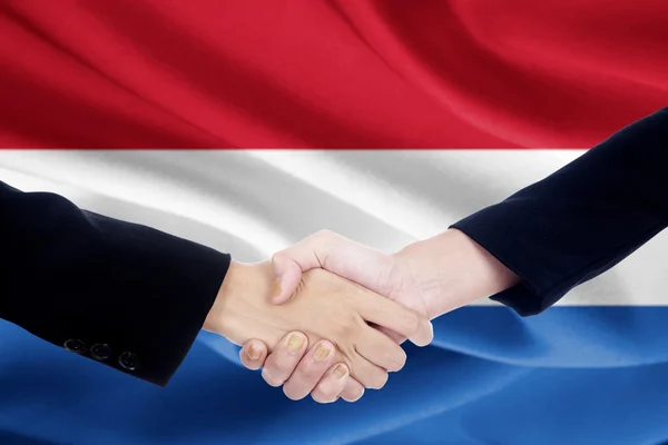 Poignée de main avec drapeau des Pays-Bas — Photo