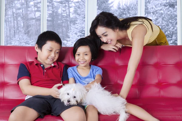 Mãe e seus filhos brincando de cachorro no sofá — Fotografia de Stock