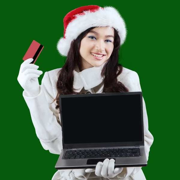 Mujer compras en línea para preparar Navidad —  Fotos de Stock