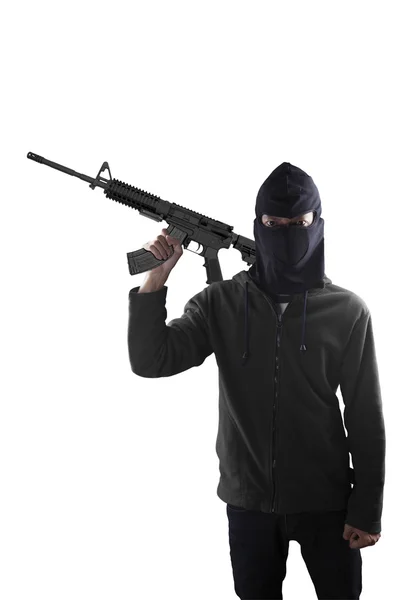 Terrorysta z karabinem maszynowym na biały — Zdjęcie stockowe