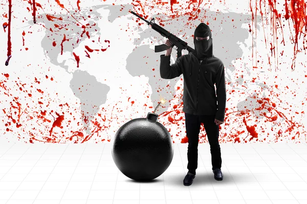Terrorista con sangriento mapa del mundo —  Fotos de Stock