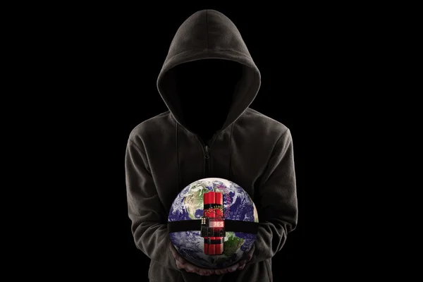 Terrorist with hoodie and shows a time bomb — Stock Photo, Image