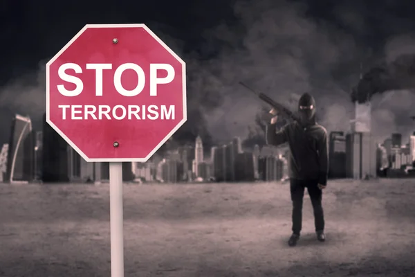 Stop Terrorism texto con terrorista masculino —  Fotos de Stock