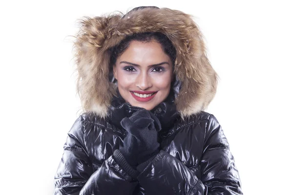 Beautiful indian woman with winter jacket — Stock Photo, Image