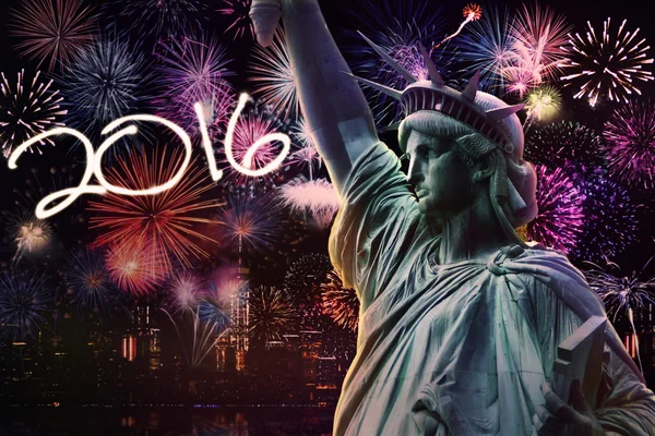Statue of Liberty with fireworks and numbers 2016 — Stock Photo, Image