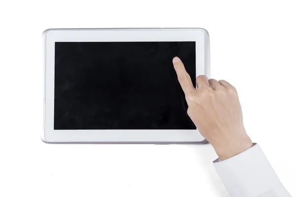 Geschäftsmann zeigt mit dem Finger auf Tablet-PC — Stockfoto