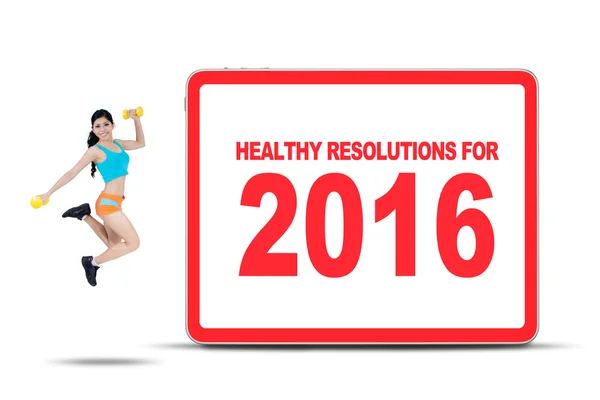 Fitness vrouw met gezonde resolutie voor 2016 — Stockfoto