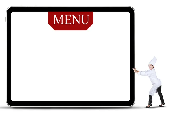 Chef donna spingendo il menu bordo — Foto Stock