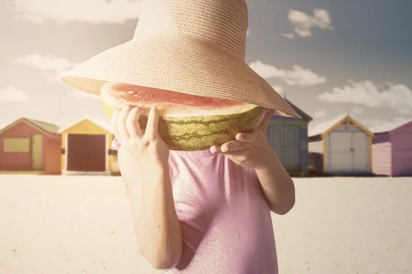 Little Girl Enjoy A Fresh Watermelon — Stock Photo, Image