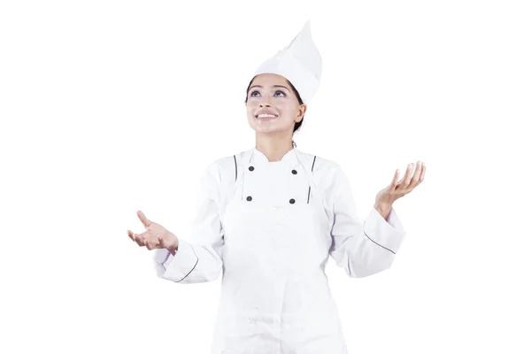 Felice chef donna con posa giocoleria — Foto Stock