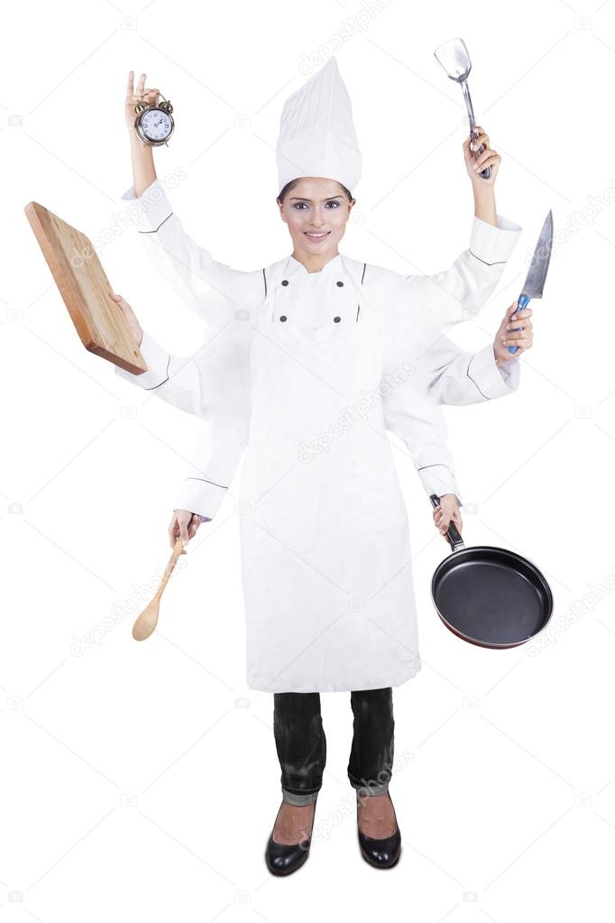 Busy and professional chef concept with many hands