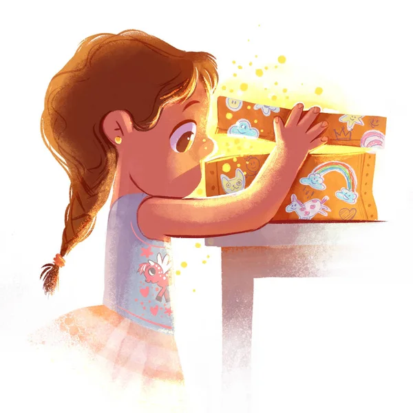 Menina abre a caixa mágica — Fotografia de Stock
