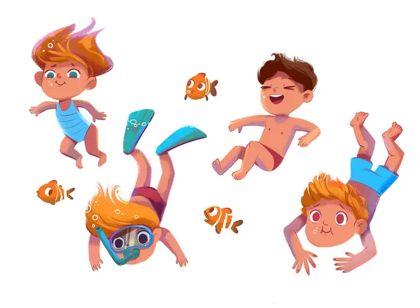 Barn ägnar sig åt dykning. Illustration isolerad på vit bakgrund — Stockfoto