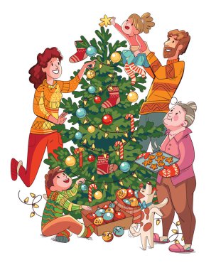 Aile Noel ağacını süslüyor. Komik çizgi film karakteri. Vektör çizimi. Beyaz arkaplanda izole