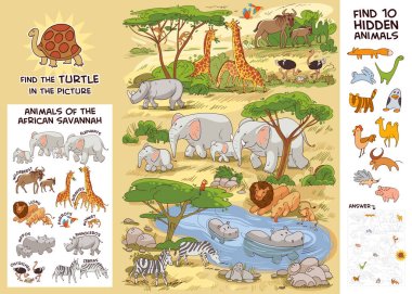 Animals of the African savannah. Find all animals in picture. Find where the turtle is hiding. Find 10 hidden objects in picture. Puzzle Hidden Items. Funny cartoon character. Vector illustration. Set clipart