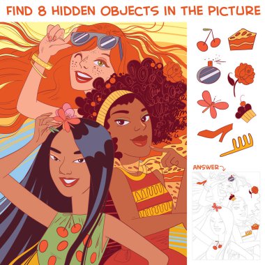 Ethnic diversity group of women. International Women's Day. Find 8 hidden objects in the picture. Puzzle Hidden Items. Funny cartoon character. Vector illustration clipart