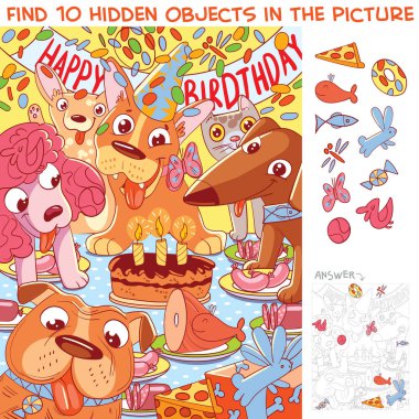 Dog birthday. Find 10 hidden objects in the picture. Puzzle Hidden Items. Funny cartoon character clipart