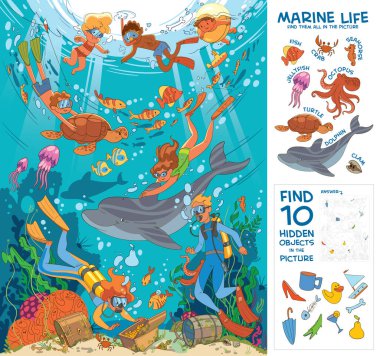 Diving and snorkeling. Underwater life. Find all marine animals in the picture. Find 10 hidden objects in the picture. Puzzle Hidden Items. Funny cartoon character. Vector illustration clipart