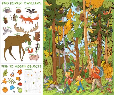 Grandfather and grandchildren and dog go to forest for mushrooms. Find all animals in picture. Find 10 hidden objects in picture. Puzzle Hidden Items. Funny cartoon character. Vector illustration. Set clipart