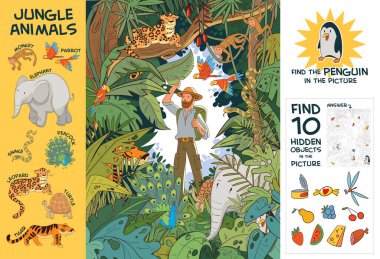 Explorer in Indian jungle stands among hidden animals. Find all animals in picture. Find 10 hidden objects in picture. Find Penguin. Puzzle Hidden Items. Funny cartoon character. Vector Set clipart