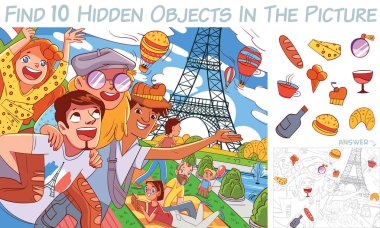 Friends in Paris against the background of the Eiffel Tower. Find 10 hidden objects in the picture. Puzzle Hidden Items. Funny cartoon character clipart