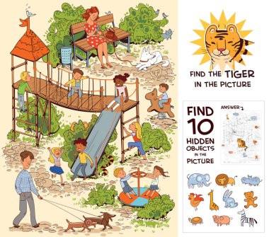 Children in the playground. Find the Tiger in the picture. Find 10 hidden objects in the picture. Puzzle Hidden Items. Funny cartoon character. Vector illustration clipart