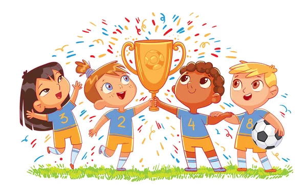 Équipe Football Des Enfants Tient Coupe Drôle Personnage Dessin Animé — Image vectorielle