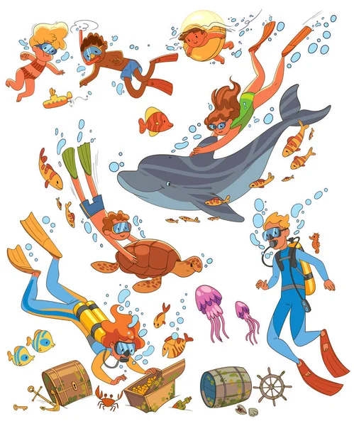 Diving Snorkeling Underwater Life Set Funny Cartoon Character Vector Illustration — Stock Vector