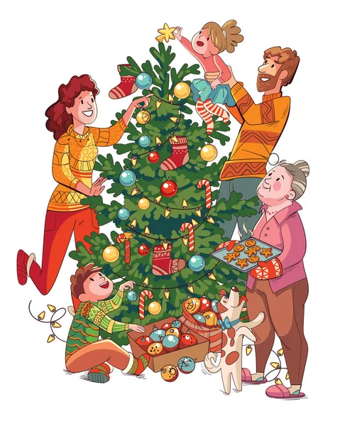 Familia Decora Árbol Navidad Divertido Personaje Dibujos Animados Ilustración Vectorial — Archivo Imágenes Vectoriales