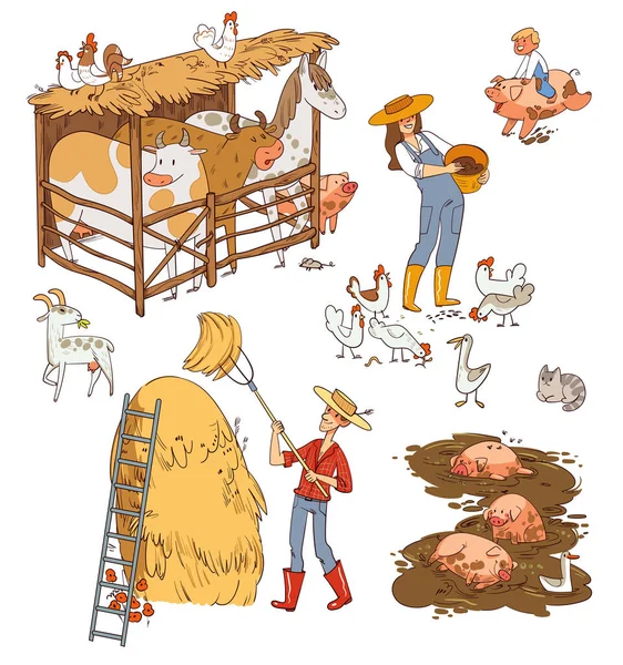 Vida Granja Animales Granja Divertido Personaje Dibujos Animados Ilustración Vectorial — Vector de stock