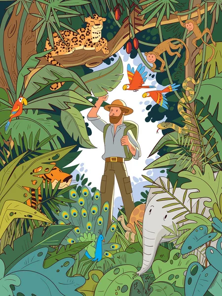 Odkrywca Indyjskiej Dżungli Stoi Wśród Ukrytych Zwierząt Zabawna Postać Kreskówki — Wektor stockowy