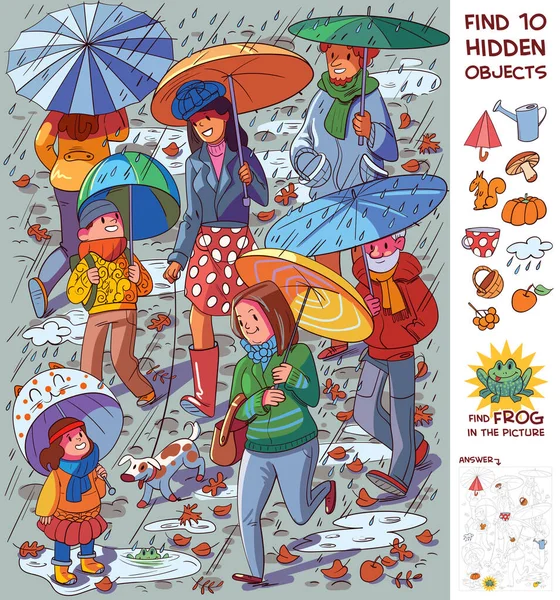 雨の中で傘を持つ人々 写真の中に10個の隠しオブジェクトを見つけます パズル隠しアイテム 面白い漫画のキャラクター ベクターイラスト — ストックベクタ