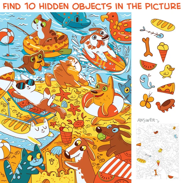 Mascotas Playa Encuentra Objetos Ocultos Imagen Puzzle Objetos Ocultos Personaje — Vector de stock