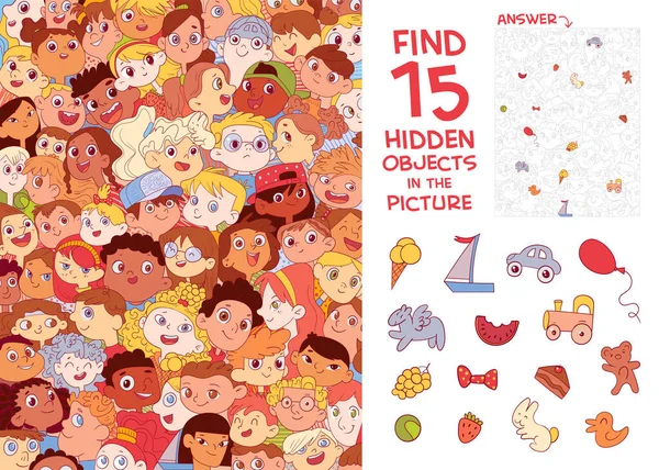 Ethnic Diversity Children Faces International Children Day Find Hidden Objects — Stock Vector