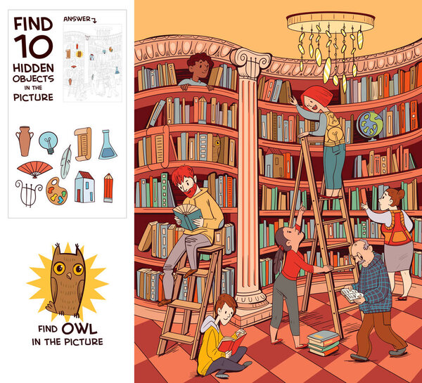 Работает в библиотеке. Отличный зал библиотеки. Найди сову. Найти 10 скрытых объектов на картинке. Скрытые Items. Смешной мультяшный персонаж. Векторная иллюстрация. Набор