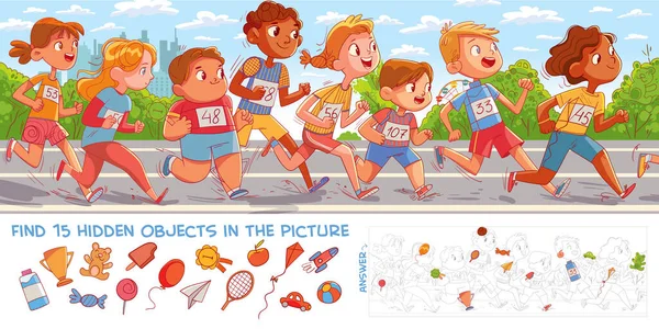 Los Niños Corren Maratón Encuentra Objetos Ocultos Imagen Puzzle Objetos — Vector de stock