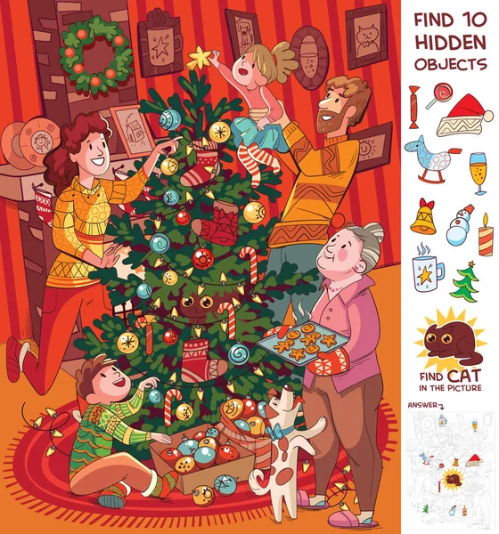 Οικογένεια Στολίζει Χριστουγεννιάτικο Δέντρο Βρες Την Κατ Βρείτε Κρυμμένα Αντικείμενα — Διανυσματικό Αρχείο