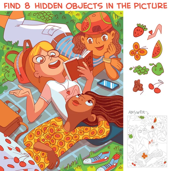 Chicas Tumbadas Césped Del Parque Encuentra Objetos Ocultos Imagen Puzzle — Archivo Imágenes Vectoriales