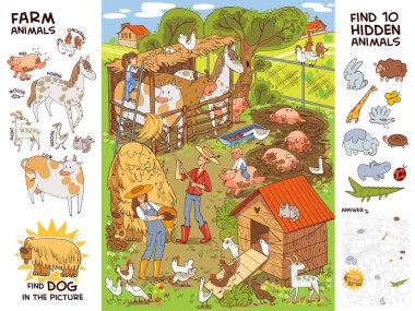 Farm life and farm animals. Find all farm animals. Find 10 hidden objects in the picture. Puzzle Hidden Items. Funny cartoon character. Vector illustration. Set clipart