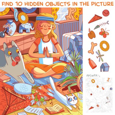 Girl does yoga while her pets destroy the house. Find 10 hidden objects in the picture. Puzzle Hidden Items. Funny cartoon character clipart