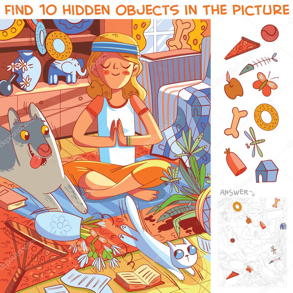 Girl does yoga while her pets destroy the house. Find 10 hidden objects in the picture. Puzzle Hidden Items. Funny cartoon character