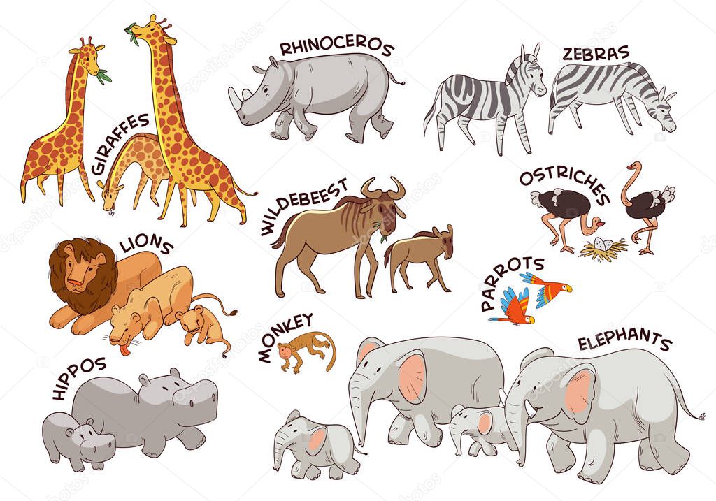 Animals of the African savannah. Set. Funny cartoon character. Vector illustration. Isolated on white background