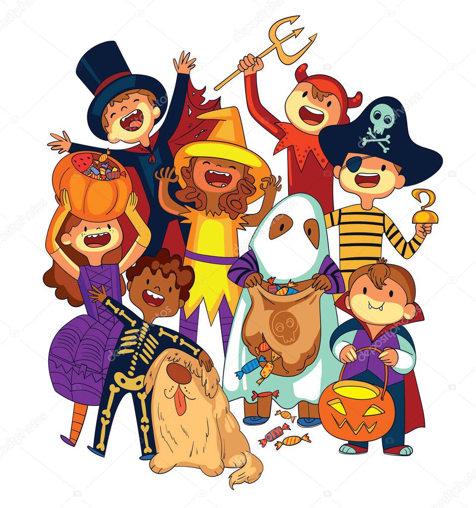 Children in halloween costumes. Trick or Treat. Funny cartoon character. Vector illustration. Isolated on white background