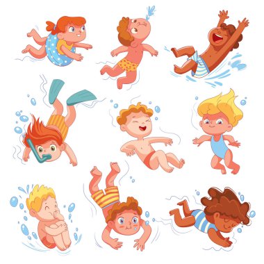 Children snorkeling. Set. Funny cartoon character clipart