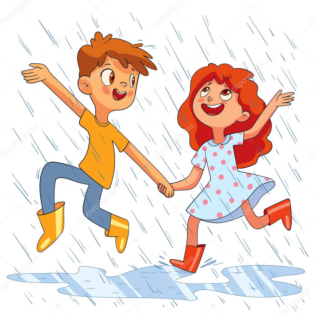 Children jumping in the rain. Kids walk in the rain without an umbrella